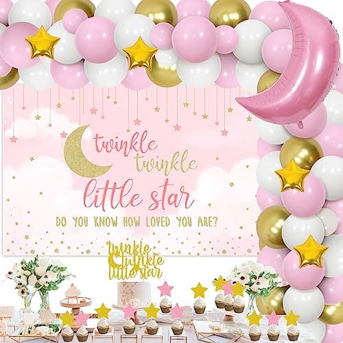 Cheereveal Twinkle Twinkle Little Star Baby Shower Decorations Girl Pink White and Gold Balloon Garland Kit Star and Moon Foil Balloons Backdrop Cake Toppers