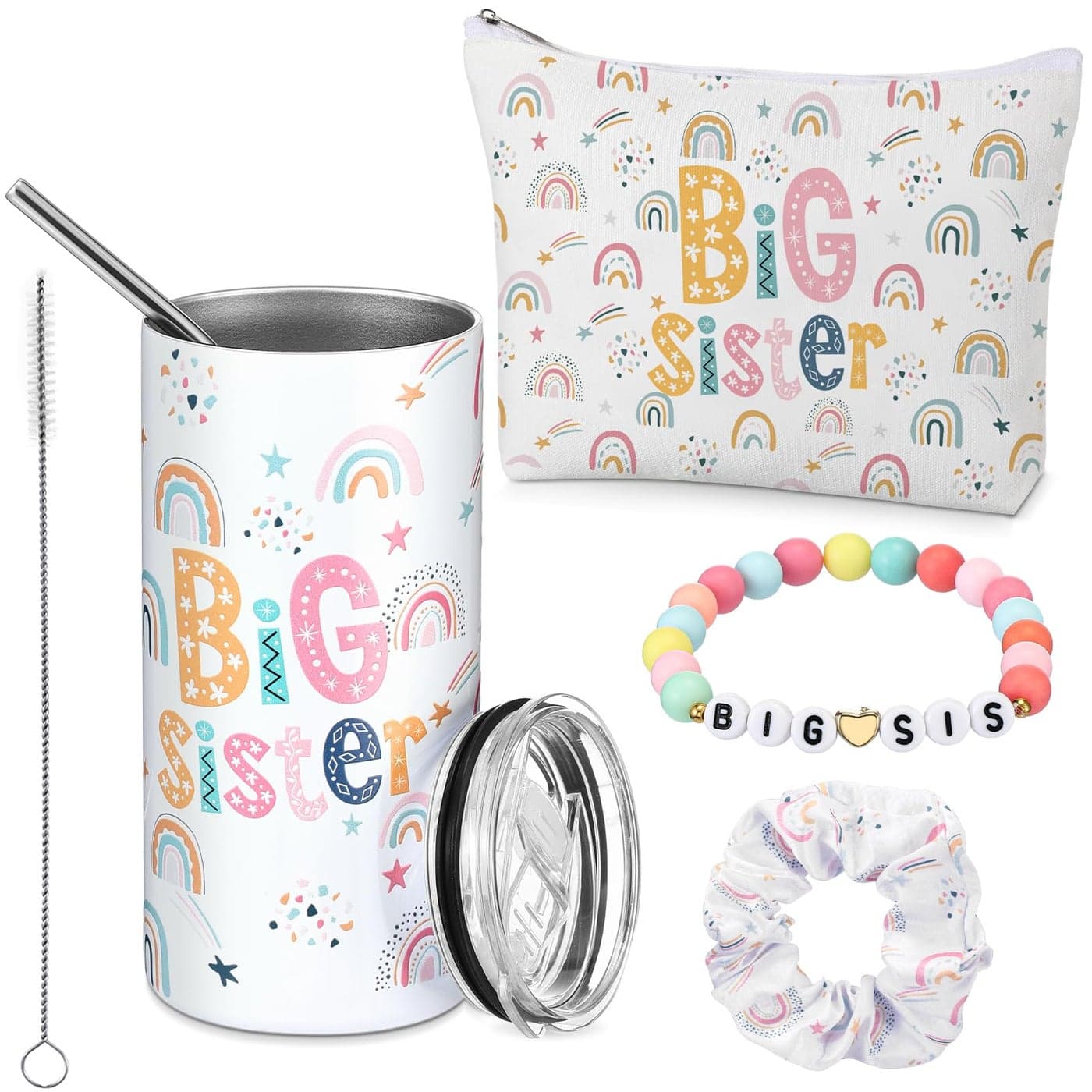 Sieral 4 Pcs Big Sister Gifts for Girls Cute Big Sister Makeup Bag 14oz Stainless Steel Tumbler Scrunchies Bracelet for Little Girls of Age 28 New Baby Birthday Baby Shower Rainbow Multicolor