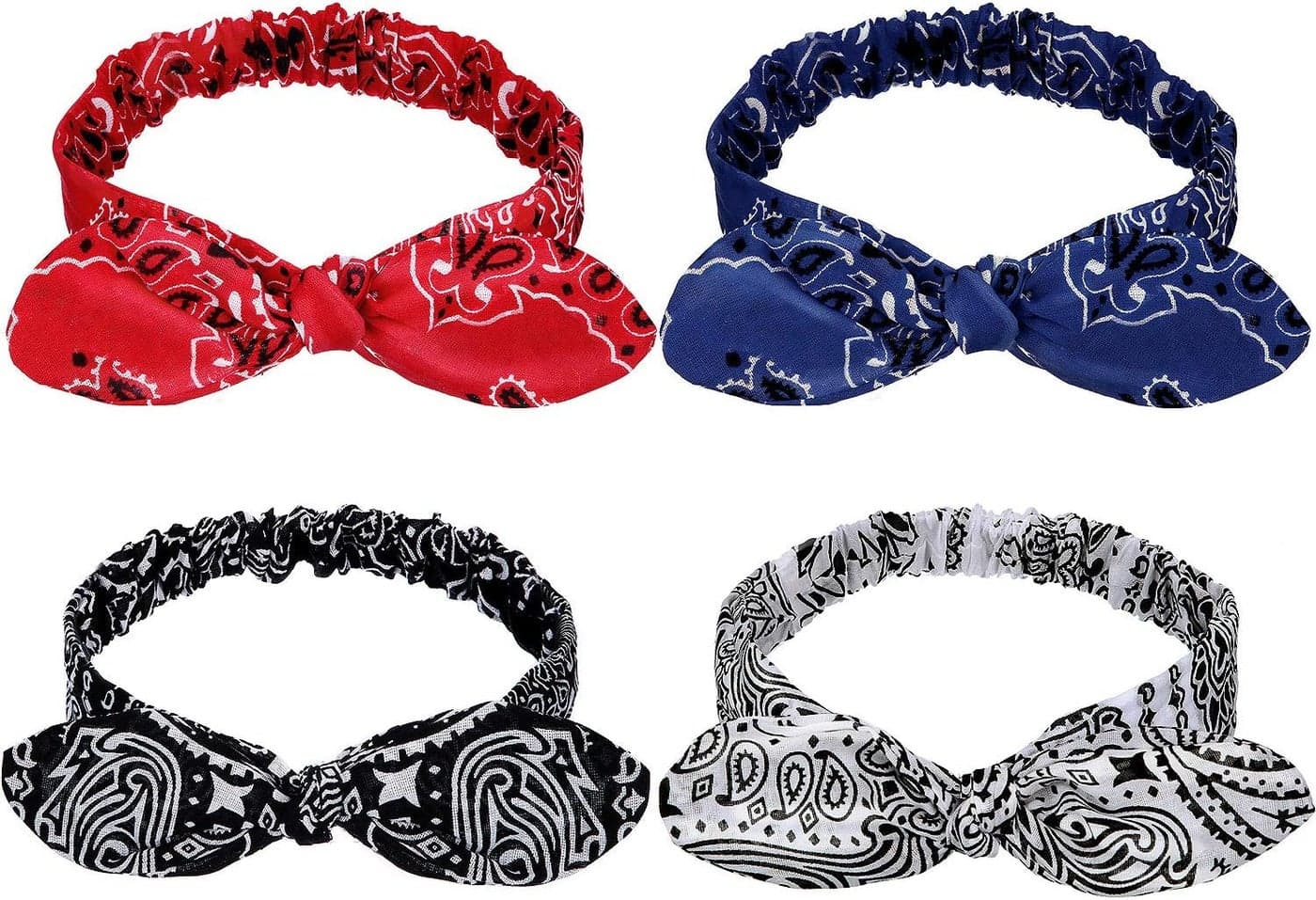 Hicarer 4 Pcs Bandana Headband for Women Knot Retro Print Headbands Paisley Print Red Blue Black White Adjustable Headwrap