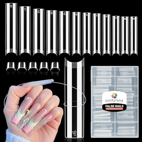 Luckyfairy XXL Nail Tips Square 120 Pcs 12 Sizes - No C Curve Flat Square Pre-buff 2XL Half Cover Tapered Gel Acrylic Nail Tips False Nails Gelly Tips for DIY Nail Art Salon