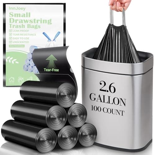 100 Count Small Drawstring Trash Bags for 2.6-Gallon (10 L) Trash Cans, Thick Pre-separated Garbage Bags,Mini Wastebasket can Liners for Bathroom Bedroom Office(Black)