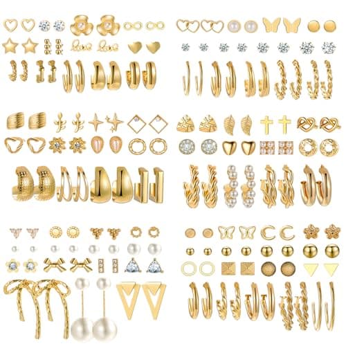 82 Pairs Gold Earrings for Women Trendy, Pearl Bow Small Hoop Stud Earrings Pack, Earring Set Multiple Piercing for Birthday Party Gift