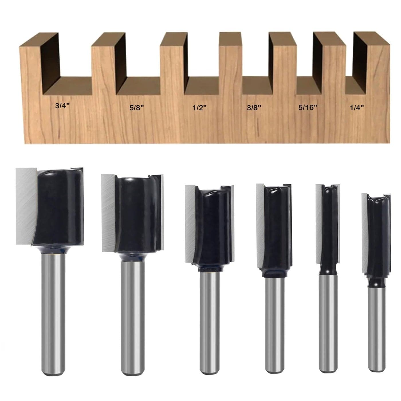 6Pcs Straight Router Bit Set 14 Shank Double Flute Straight Bit Dado Straight Cut Router Bit Cut Dia 34 58 12 38 516 14 Straight Router Bit for Woodworking Groove by SICWOOD