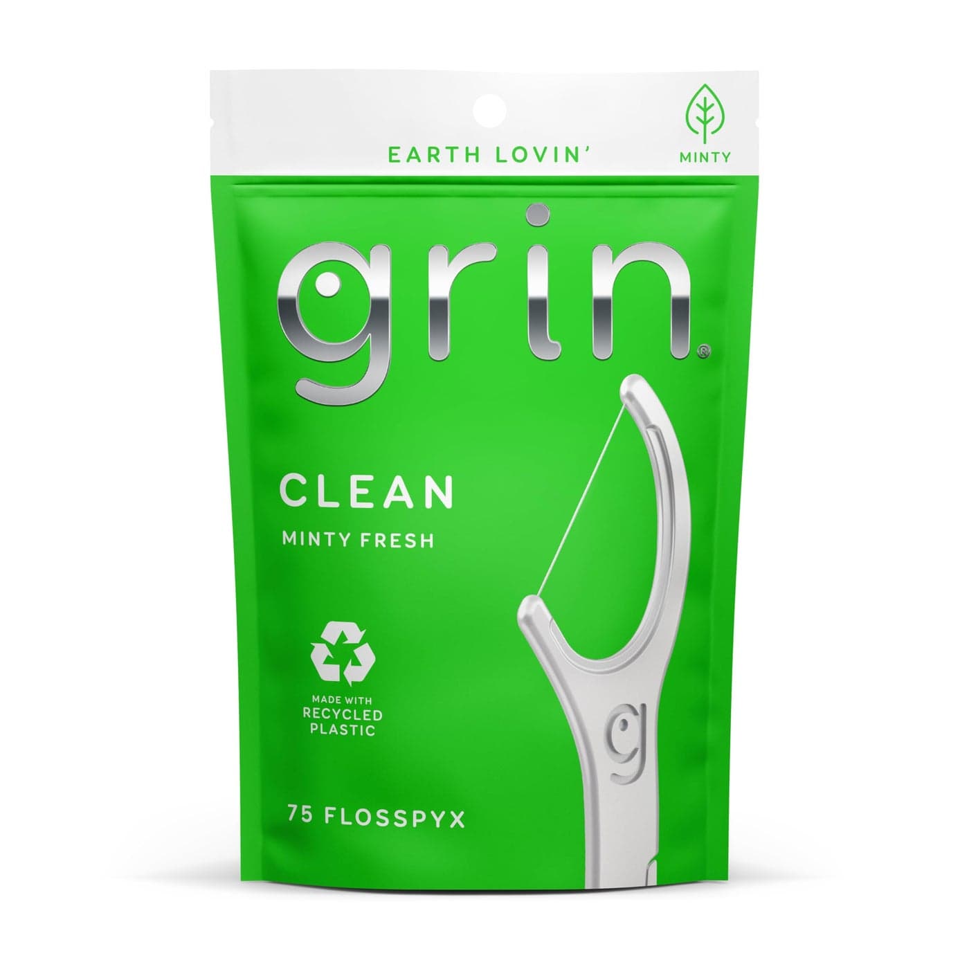 GRIN Clean Flosspyx Floss Picks 75 Count Dental Flossers Minty Flavor Recycled Plastic Super Strong Fine Floss Tight Teeth Premium Longer Floss Head Includes Safe FoldBack Tooth Pick