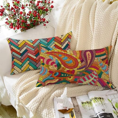 STITCHNEST Set of 2 Polycotton Cushion Covers – 12x18 Inches – Multicolor Boho Embroidery-Style Prints – Artistic & Eclectic Sofa Cushion Covers for Living Room & Living Room | Perfect for Home Decor