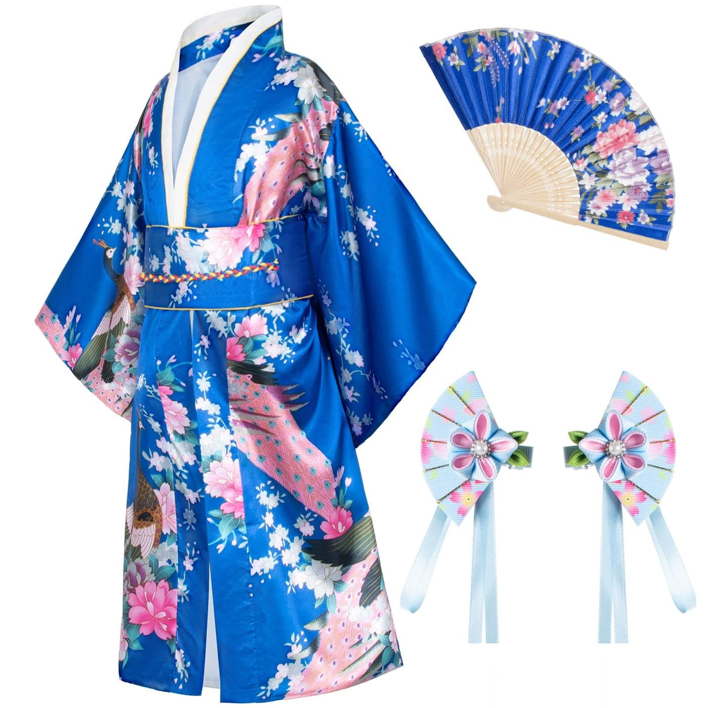 Japanese Traditional Dress Kimono Robe for Kids Girls Costume Silk Folding Fans hairstick SetBlue130cm