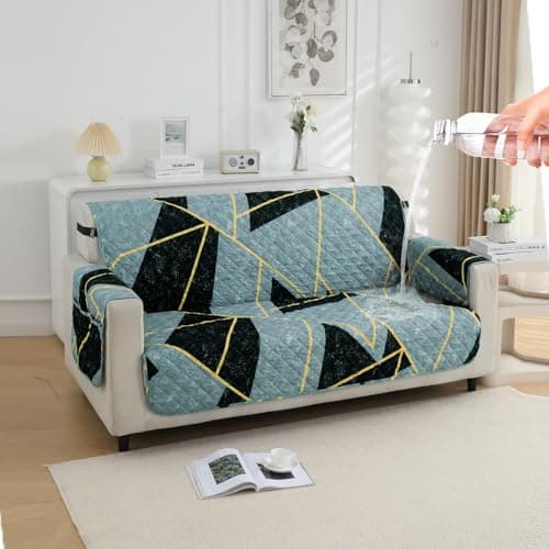 HOKIPO 'Elira Series' Polyester Blend Quilted Water Repellent + Waterproof + Quick Dry Sofa Cover Mat for 2 Seater Sofa with Pockets On Armrest Cover - Multicolor Abstract Geometry (AR-5239-C10)