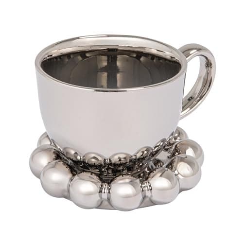 Bloomingville 12-Ounce Stoneware Mug with Ball Edge Saucer, Chrome-Finish