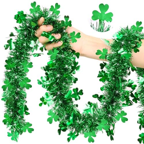 50FT St Patricks Day Green Shamrock Tinsel Garland, Metallic Hanging Garland Shamrock Decor Saint Patricks Day Decoratiosn for Home Indoor Outdoor Decor, Irish Party Supplies for Classroom Office