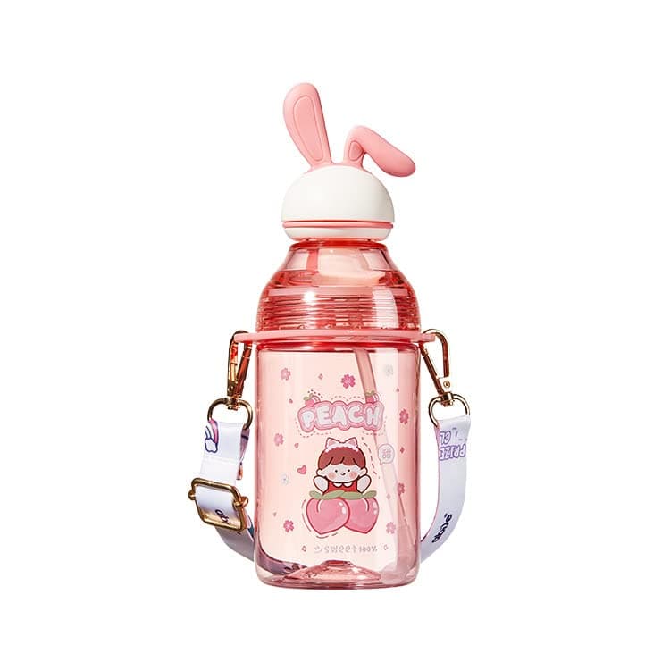 TEMSON Water Bottle with Straw and Adjustable Strap for Kids – School Sipper Water Bottle for Kids, Cartoon Themed Cute Water Bottle for Boys and Girls (400 ML)(ABL-1034) (Pink)