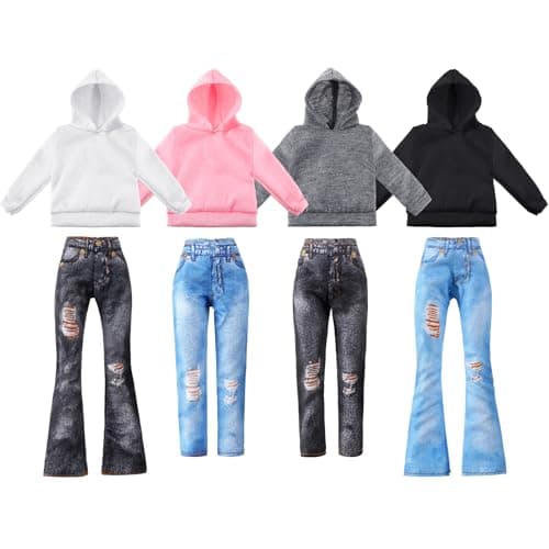 Bencailor 8 Pieces Doll Clothes Girl Accessories Cotton Sweaters Denim Pant Regular Outfit Clothing (Black,White,Grey,Pink,11.5 Inch Doll)