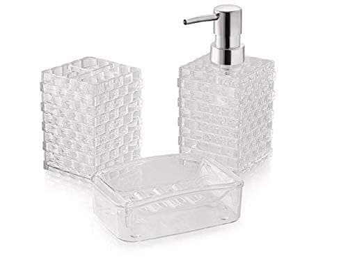 HOUSE HATCH Acrylic Cuboid Shaped Bathroom set3pc Liquid Soap Dispenser Brush Toothpaste Holder Soap Dish Holder Set Ideal for Room Bathroom Luxury Hotel Bathroom Transparent White