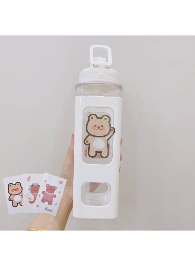 Large Kawaii Water Bottle with Straw and Sticker, Cute Bear Water Bottles, Portable Square Drinking Bottle, Leak Proof Juice Tea Water Cup, for Women and Girl, White, 900ml, 30oz