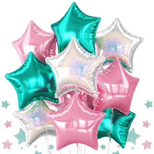 Pink and Teal Blue Star Foil Balloons 10PCS Laser Silver Foil Stars Shape Balloon 18 Inch Metallic Turquoise Stars Balloons Helium for Girls Women Birthday Mermaid Baby Shower Party Decoration