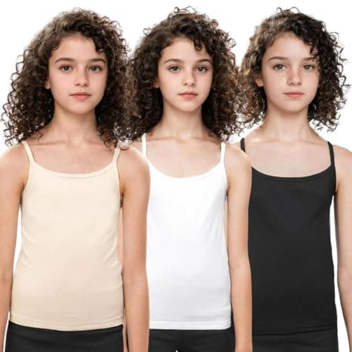 ADIRA | Camisoles for Girls | Beginners Cami for Puberty | Flat Padding for Nipple Coverage | Confidence for School & Home | Stretchy Cotton | Girls Slip | Pack of 3 | Skin, Black & White | 3XL