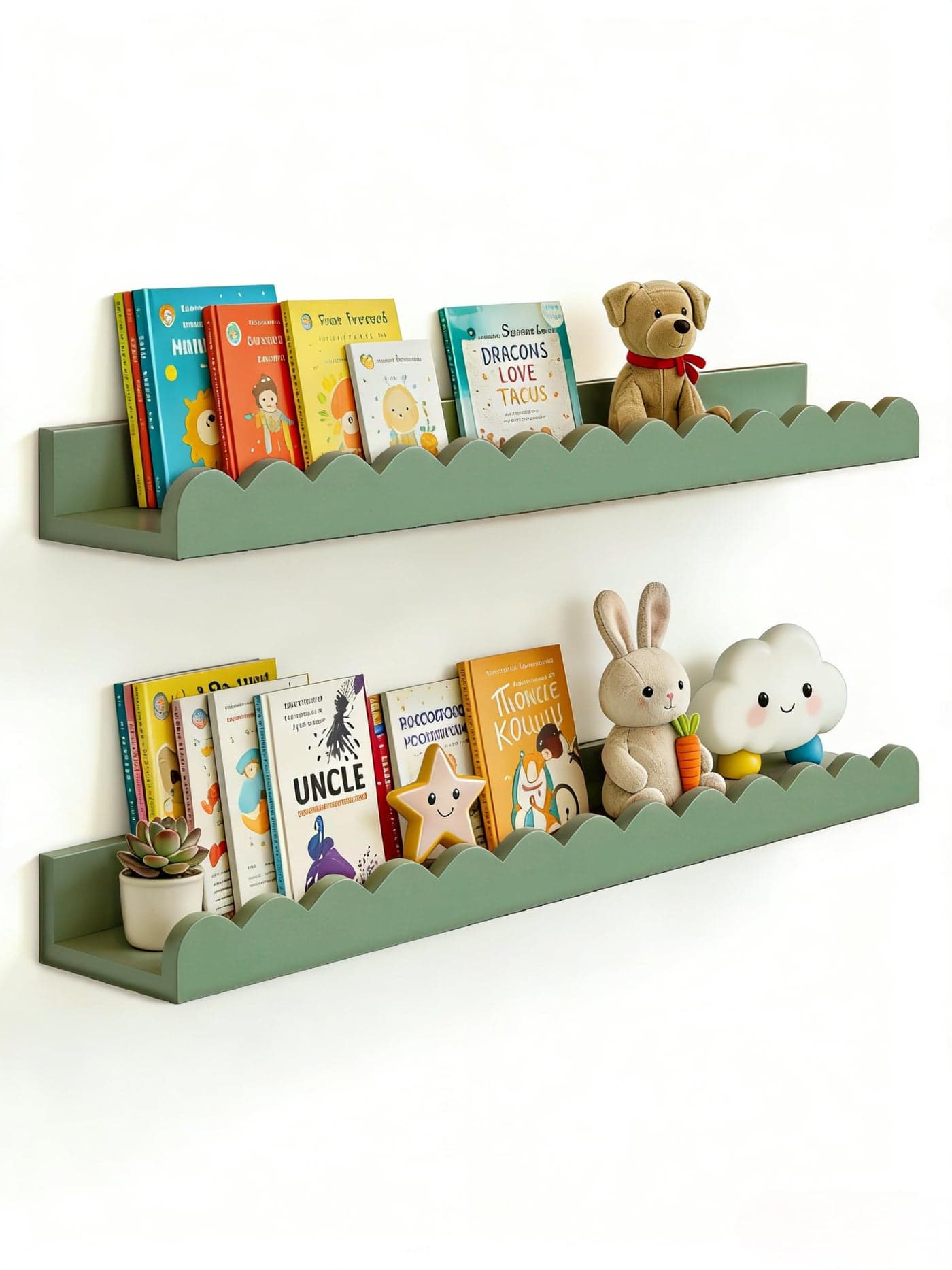 icnjdMopclean Nursery Book Shelves 20Inches, Scalloped Floating Shelves for Bedroom Kids, Nursery Shelves for Wall 2 Pack, Scalloped Shelf for Toddler Room, Baby Room, Sage, Large