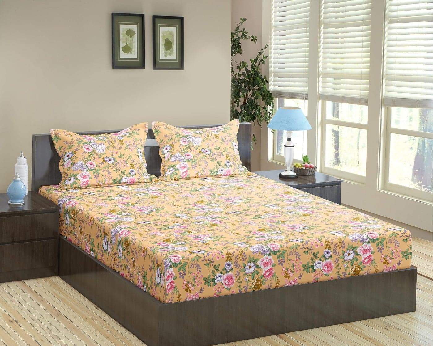 Trance Home Linen 100% Cotton 180TC 78"x72" Standard King Size Elastic Fitted Bedsheet | Printed King Bed Size Elasticated Fitted Bedspread with 2 Pillow Covers (King 78x72 inch, Brown Vintage Woods)