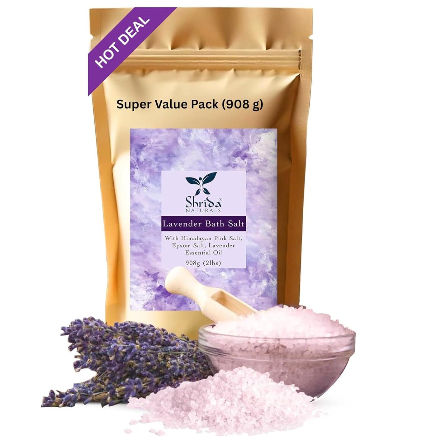 Shrida Naturals Bath Salt with Epsom Himalayan Pink Salt 908g Lavender Essential Oil Buds Relaxing Soak Bathing Salt for Soreness Pain Relief Fast Recovery Foot Soak