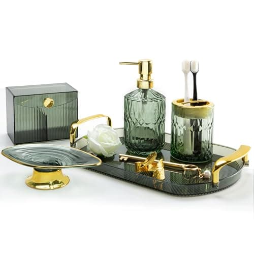 FEXIA Green Bathroom Accessories Set 5 Pcs Green Bathroom Decor with Decorative Vanity Tray for Boho Bathroom Decorations Soap Dispenser Toothbrush Holder Lotion Gifts for Women Home Apartment Decor