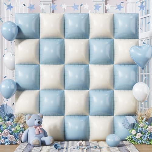 Baby Blue White Square Foil Balloons Wall 25PCS Dusty Blue and Pastel Cream Square Balloons Backdrop Double Sided Tunnel Arch Background for Boho Baby Shower Boys Men Birthdays Wedding Bridal