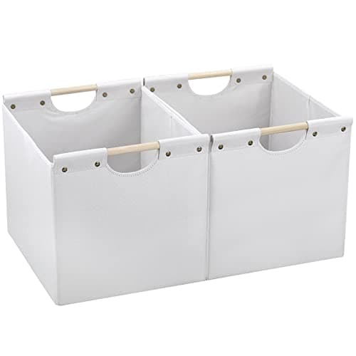 HOONEX Large Collapsible Storage Bins Linen Fabric Pack of 2 Storage Baskets with Wooden Carry Handles and Sturdy Heavy Cardboard for Home Office Car Nursery White