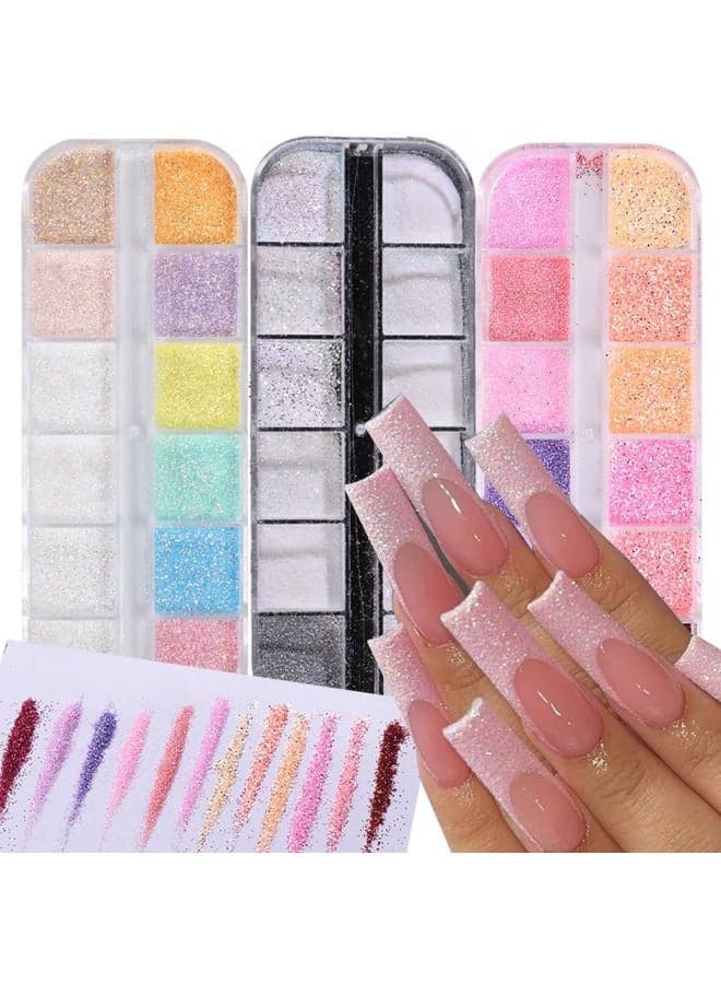 Sugar Glitter Powder for Nails - 36 Colors Iridescent Nail Art Glitter Sugar Coating Effect Dazzling Nails Dipping Powder Loose White Rainbow Glitter Nail Decorations DIY Dust for Manicure 3Boxes