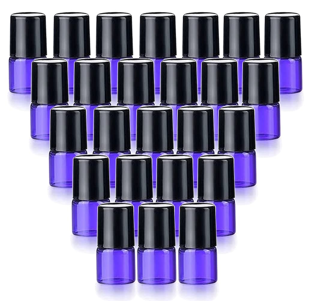 25 Pack 1ml (1/4 Dram) Colorful Glass Roll On Glass Bottles for Essential Oils,Empty Glass Vial with Stainless Steel Roller Balls Perfume Aromatherapy Travel Roll On Container-5 Color Options (Amber)