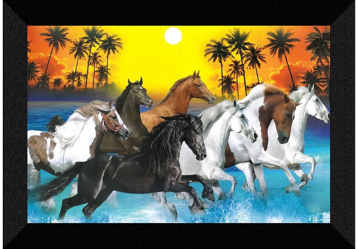 SAF paintings 7 Running Horses in Water Sunrise UV Teatured Digital Reprint Framed Painting (11 inch X 14 inch) SANFK62