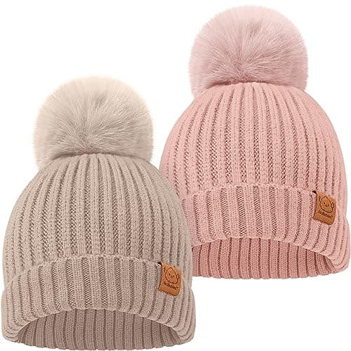 2Pack Baby Hats for Girls Boys Stretchy Baby Beanies Cute Newborn Toddler Winter Hat Soft Warm Pom Pom Beanie for Infant Toddler Boys Girls 636 Months Fawn M