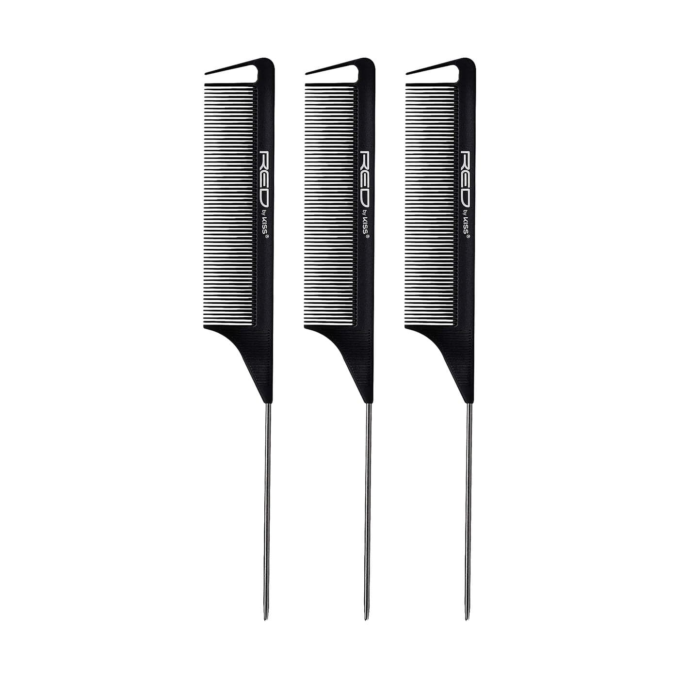 Red by Kiss 3 PACK Parting Pin Tail Comb Teasing Comb Reduces Frizz Heat Resistant Black