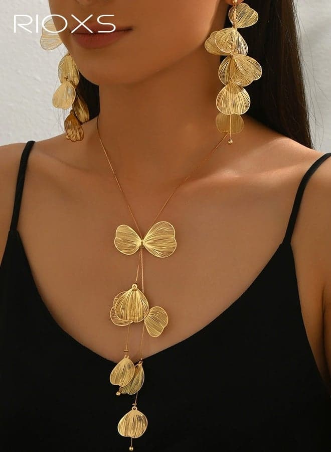 2-Piece Gold-Tone Jewelry Set for Women, Ginkgo Leaf Tassel Earrings and Necklace Set, Sweet-Edgy Style Alloy Jewelry Stud Earrings and Necklace Set, Adjustable Length with Draping Effect