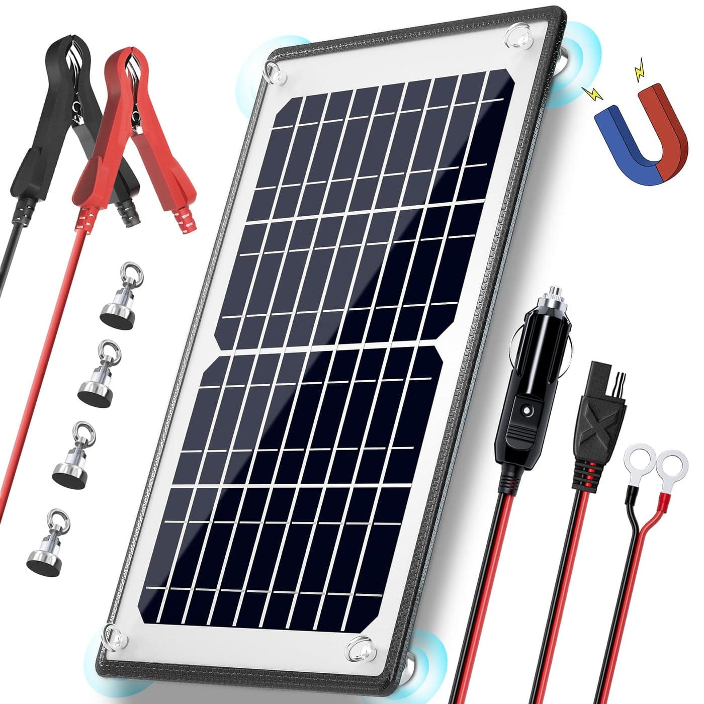 POWOXI 10W 12V Magnetic Solar Battery Trickle Charger Maintainer Builtin MPPT Intelligent Charge Controller Waterproof Solar Trickle Charger Alligator Clip for Car RV Motorcycle Marine etc
