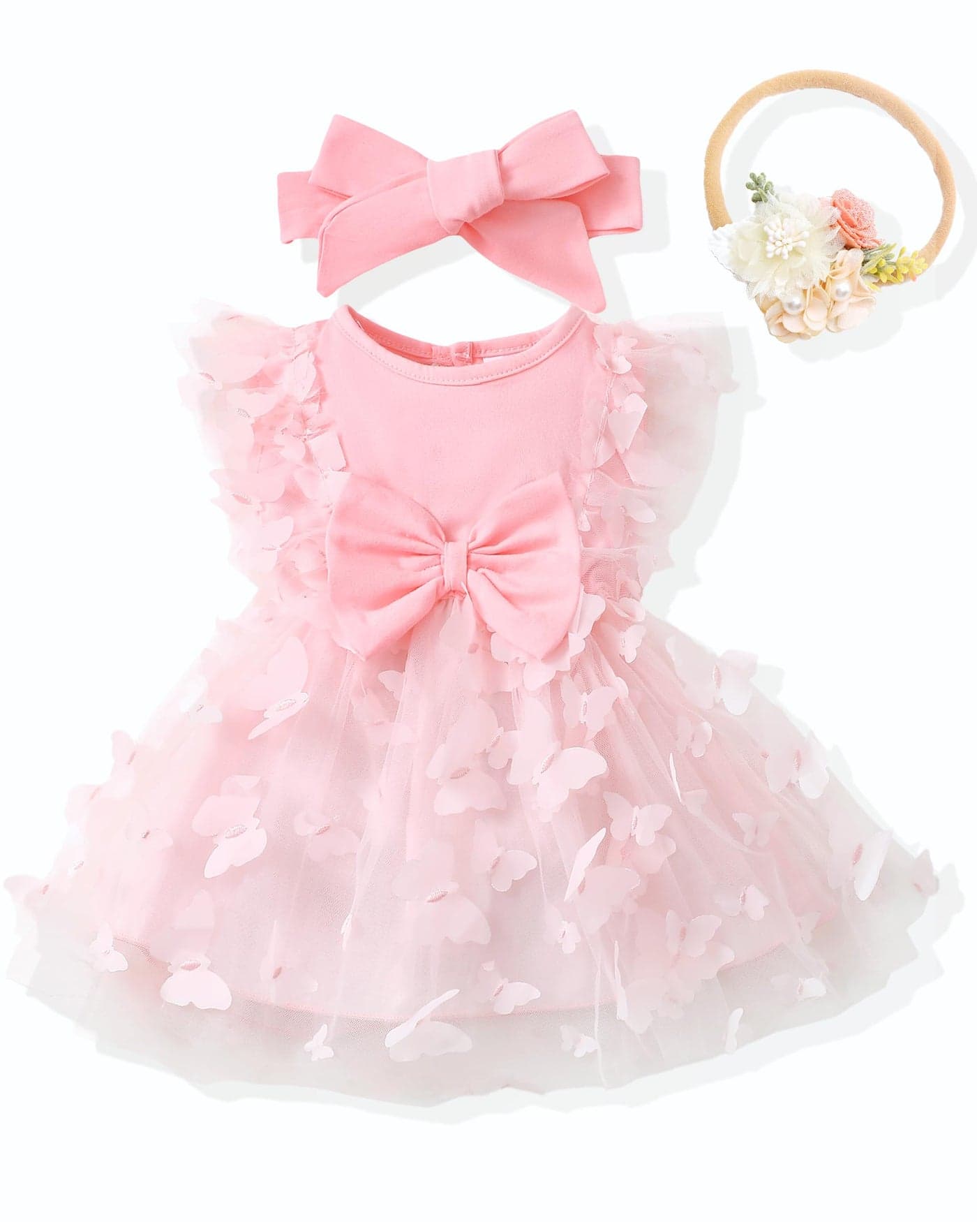 Renotemy Baby Girl Tulle Tutu Dress Pink Butterfly Sleeveless 1st Birthday Dress for Baby Girl Shower Gifts Boho Fairy Baptism Princess Wedding Birthday Party Dresses with Flower Headband 12-18 Months