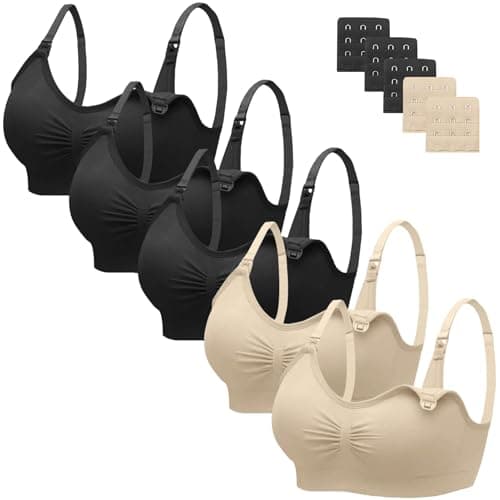 Angelhood 5 Pack Womens Maternity & Breastfeeding Seamless Wireless Nursing Sleep Bra with Bra Extenders