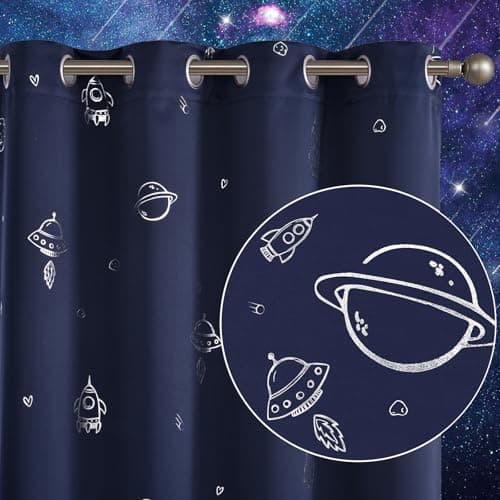 Vangao Navy Blue Kids Curtains for Boys Bedroom Space Theme Blackout Curtains for Kids Nursery Girls Room 63 Inches Length Silver Foil Print Drapes Grommet Top Window Treatments Set 2 Panels