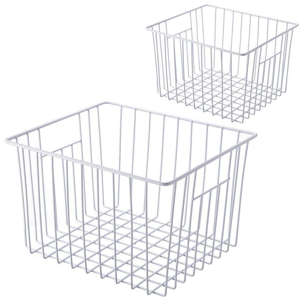 SANNO Freezer Baskests Organizer Bins Freezer Wire Storage Basket Refrigerator Storage Baskets Bins Organizer with Builtin Handles for Cabinets Pantry Closets Bedrooms Set of 2 White