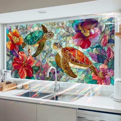 HOMETITUTE Window Film Sea Turtle Tropical Flower Design PVC Privacy Window Film for Glass Panels 39.3x17.7 Inches Bathroom Living Room Stained Glass Windows Film Static Cling Decorative Home Decor