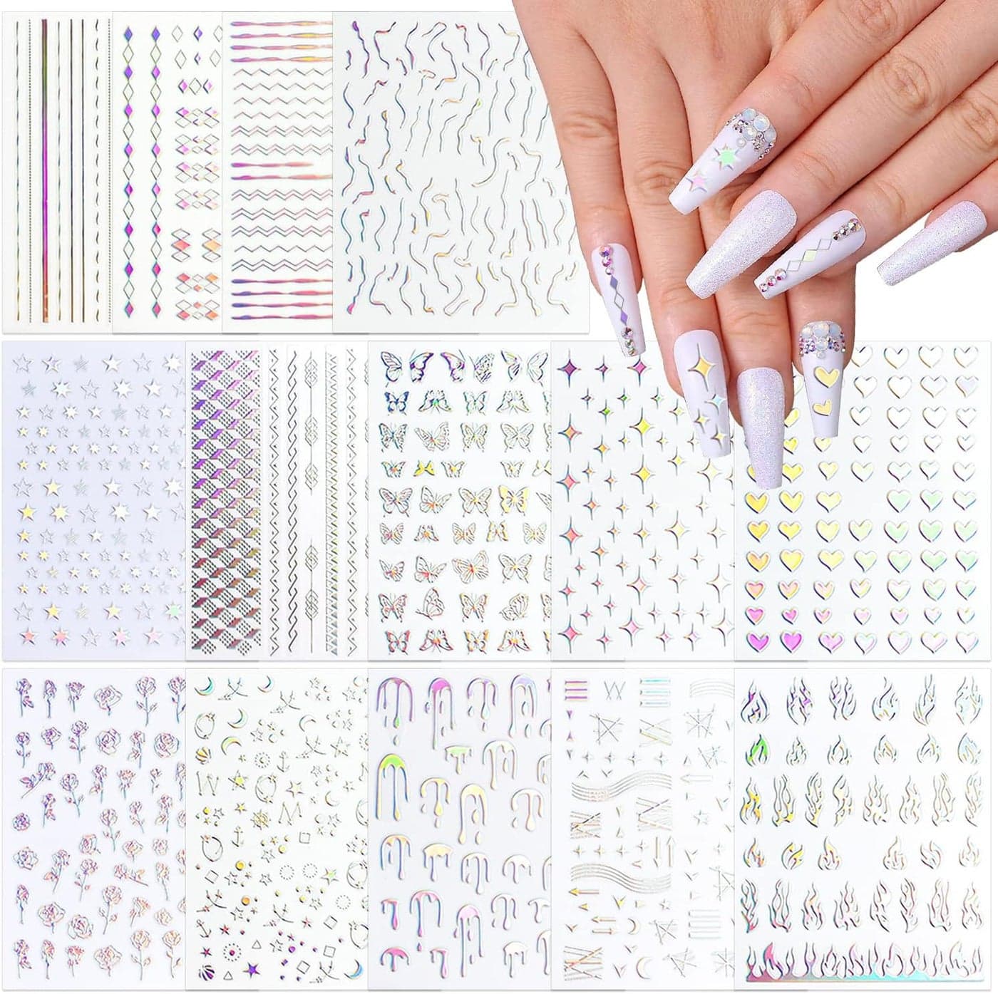 SILPECWEE 14 Sheets Aurora Nail Stickers Laser Silver Nail Art Stickers Decals Holographic Heart Star Butterfly Flower Self Adhesive Nail Designs Stickers 3D Nail Decoration for Nail Art