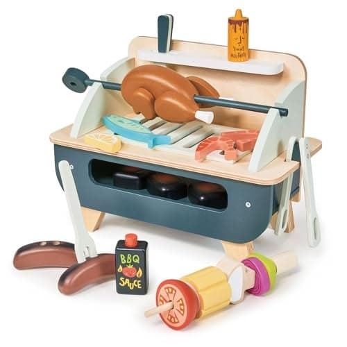 Tender Leaf Toys Barbeque Play Set 27 Piece Wooden Interactive Barbeque Grill Set with Pretend Play Food and Utensils for Boys and Girls Great RolePlay Toy Boost Fine Motor Skills Age 3