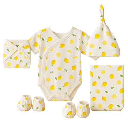 MOM'S HOME Organic Cotton Baby Gift Set | 6-Piece Newborn Essentials Hamper | Lemon Print Baby Shower Gift Combo | 0-12 Months