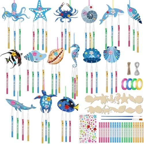 Anglechic 128 Pcs Summer Ocean Wind Chime Making Kit Make Your Own Sea Animals Wind Chime Wooden Ocean Animals Arts Ornaments for DIY Crafts Activity Birthday Summer Party Decoration