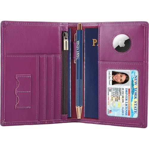 STAR VISTA Phoenix Leather Passport Holder Calfskin Leather Travel Wallet RFID Blocking ID Window Zipper Pocket Pen Notebook Included AirTag Holder Violet