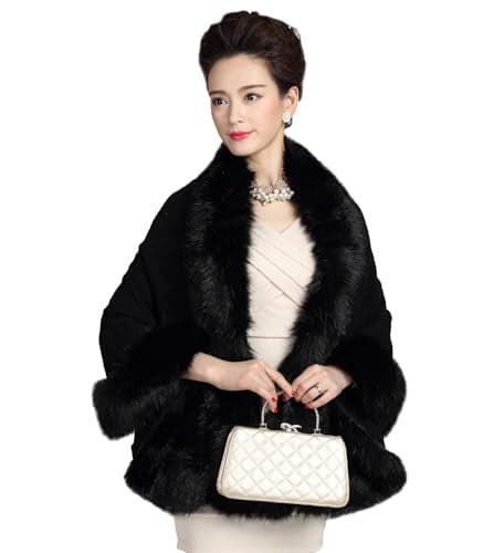 ELFJOY Bridal Faux Fur Shawl and Wraps for Weddings Faux Fur Coat Women Luxury Evening Dresses Fluffy Cape for Women (Black)