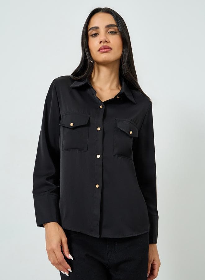 Black Solid Shirt with Buttoned Pockets