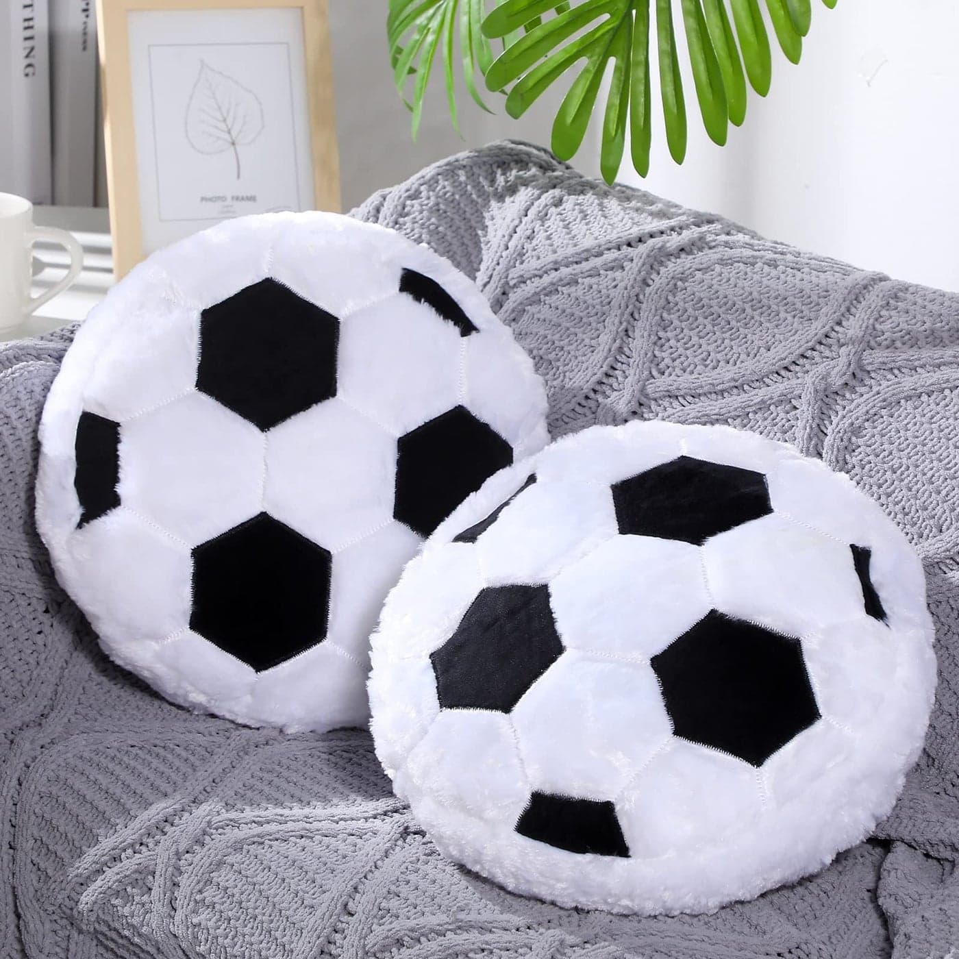Jetec 2 Pcs Soccer Pillow Fluffy Soft Throw Cute Soccer Shaped Sports Decoration Round Plush Sport Theme Cushion Stuffed Pillow for Bedroom Decoration