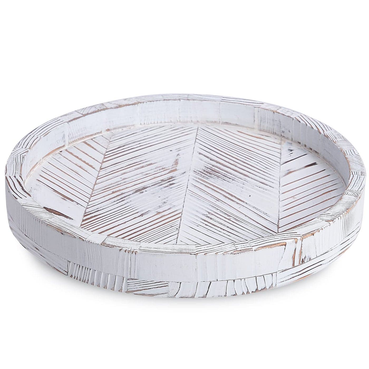 12 Inch Rustic Farmhouse Wood Lazy Susan Turntable for Table Tomoaza White Herringbone Decorative Turntable Tray Dining Table Centerpiece and Cabinet Organizer