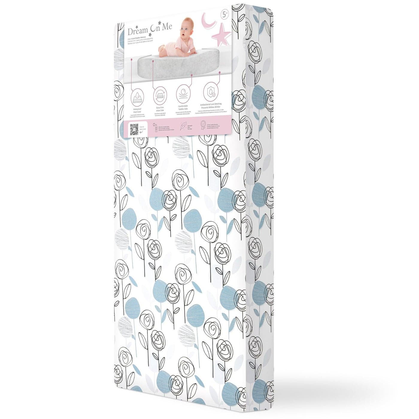 Dream On Me Floral Dreams Firm Fiber Baby Crib Mattress in Teal Greenguard Gold and JPMA Certified Fits All Standard Cribs and Toddler Beds Waterproof Sleep Surface Machine Washable Cover