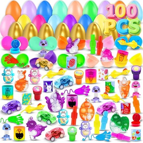 RALLYPANDA 100Pack Prefilled Eggs with Toys Inside for Filling Specific Treats Easter Theme Party Favor Basket Stuffers Classroom Prize Egg Supplies Toy for Kids