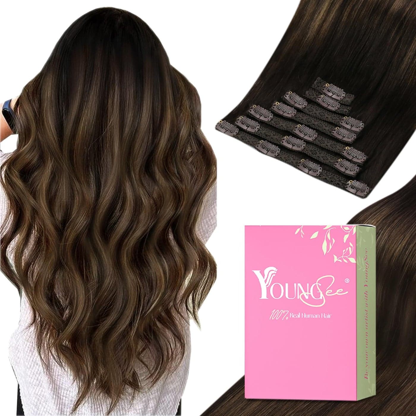 YoungSee Clip in Hair Extensions Real Human Hair Balayage Clip in Extensions Dark Brown Mix Medium Brown Highlights Brown Balayage Human Hair Extensions Clip ins for Thin Hair 20In 120G