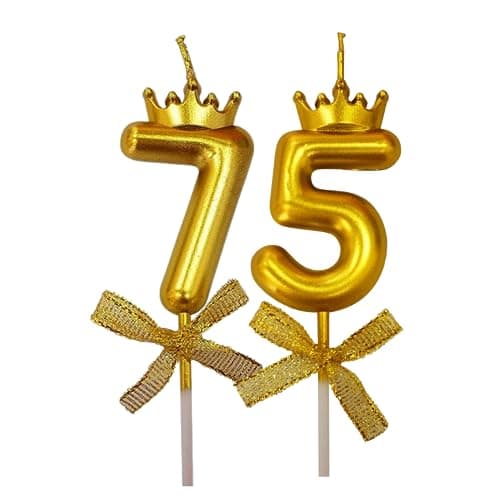 FI - FLICK IN 2 Pc 75 Number Candle for Birthday Cake Metallic 75th Birthday Cake Decoration Seventy Five Candle with Crown on Top Cake Topper 0-9 Number Candles for Anniversary (Pack of 2, Gold)